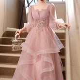 BXOXO CustomizedShiny Pink Tulle Evening Dresses Elegant Banquet Party Long Sleeve Dresses Engagement Luxury Square Collar Appliques B